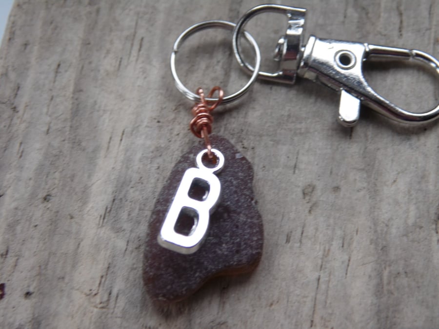 Initial 'B' Amber Cornish Sea Glass Bag Charm Keyring K508