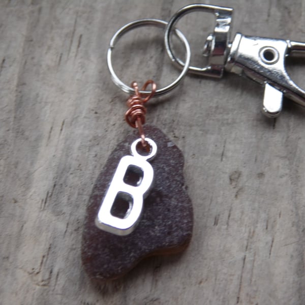 Initial 'B' Amber Cornish Sea Glass Bag Charm Keyring K508