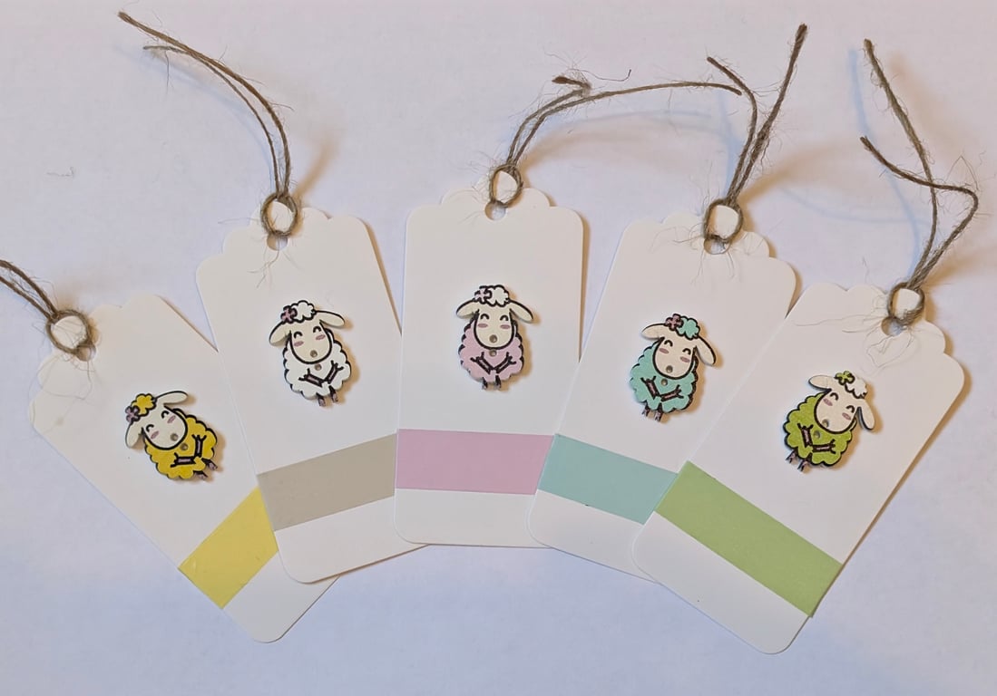 Homemade gift tags made with buttons in packs of 5 - sheep