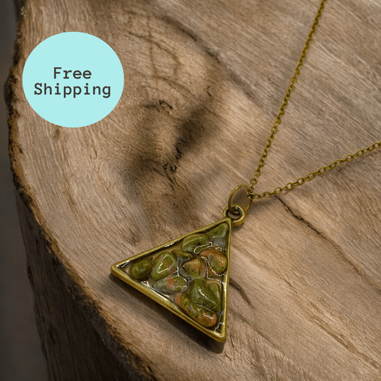Handcrafted Unakite Brass Plated Necklace - Geometric Pendant