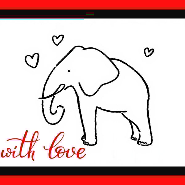 Fun With Love Elephant Line Drawing Greeting Card A5 Size 