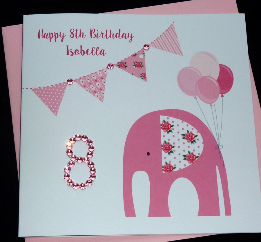 Handmade Personalised Pink Elephant & Bunting Birthday Card