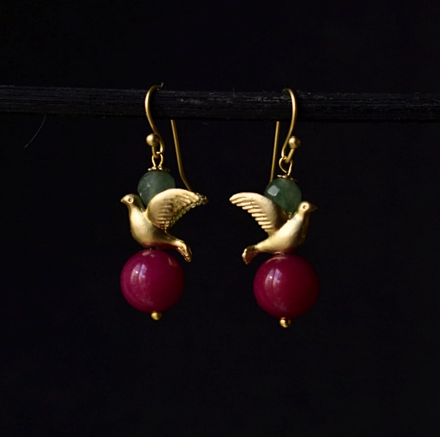 Dove dangle earrings, mixed gemstones birds earrings, 18k gold plated earrings