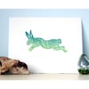 ORIGINAL lino cut print Spiral Rabbit in spring green