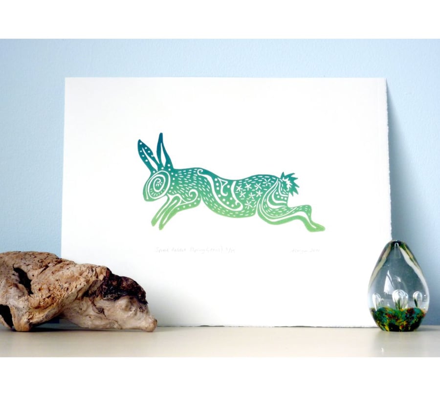 ORIGINAL lino cut print Spiral Rabbit in spring green