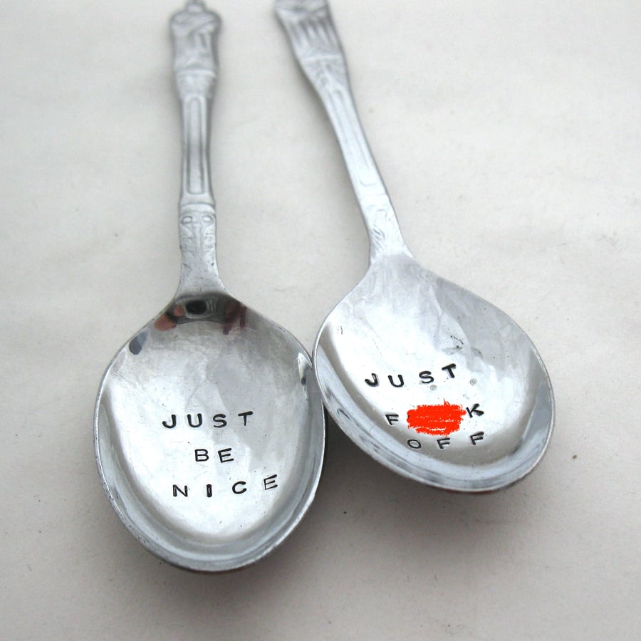 Two Apostle Coffeespoons, Naughty and Nice, Adult F-word Spoon