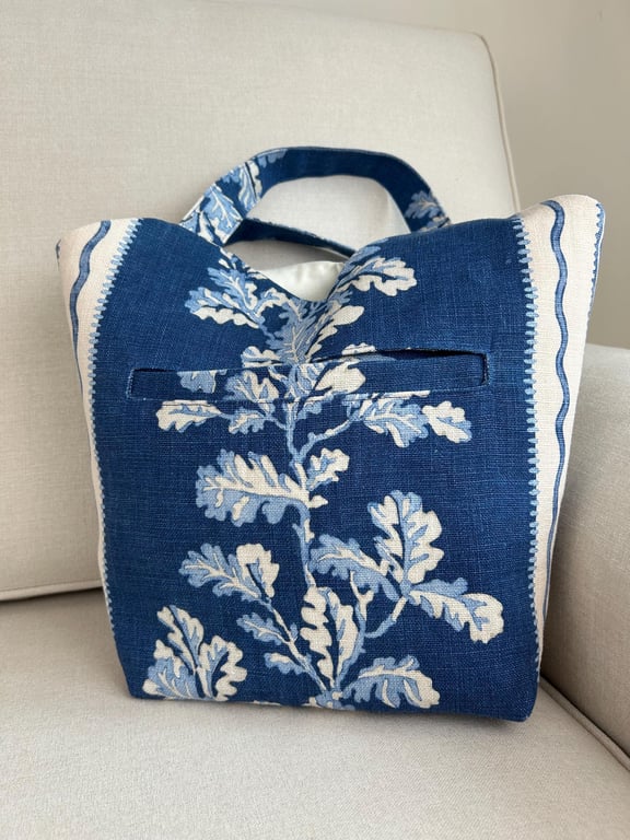Oak Leaf Print Linen Tote Bag, Blue and White Handbag