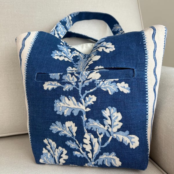Oak Leaf Print Linen Tote Bag, Blue and White Handbag