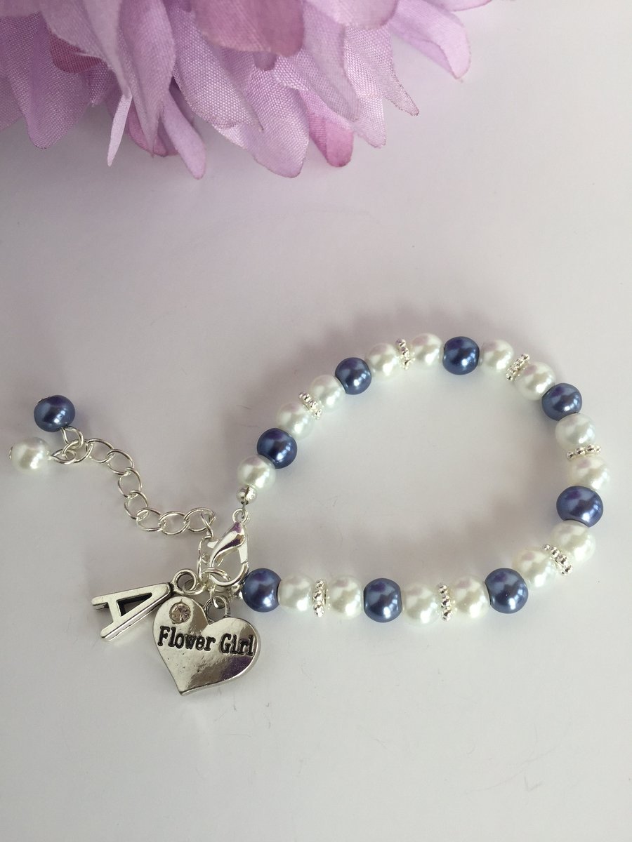 Personalised Blue Flower Girl Bracelet – Handmade Pearl Wedding Gift