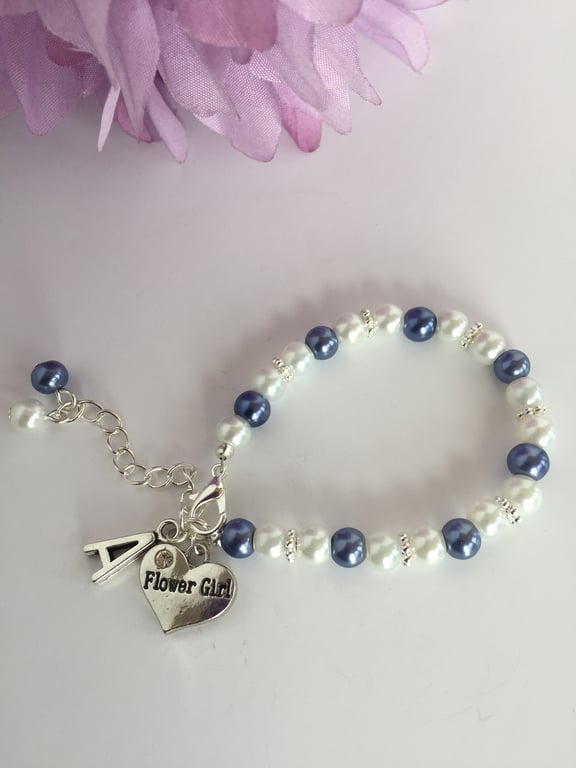Personalised Blue Flower Girl Bracelet – Handmade Pearl Wedding Gift