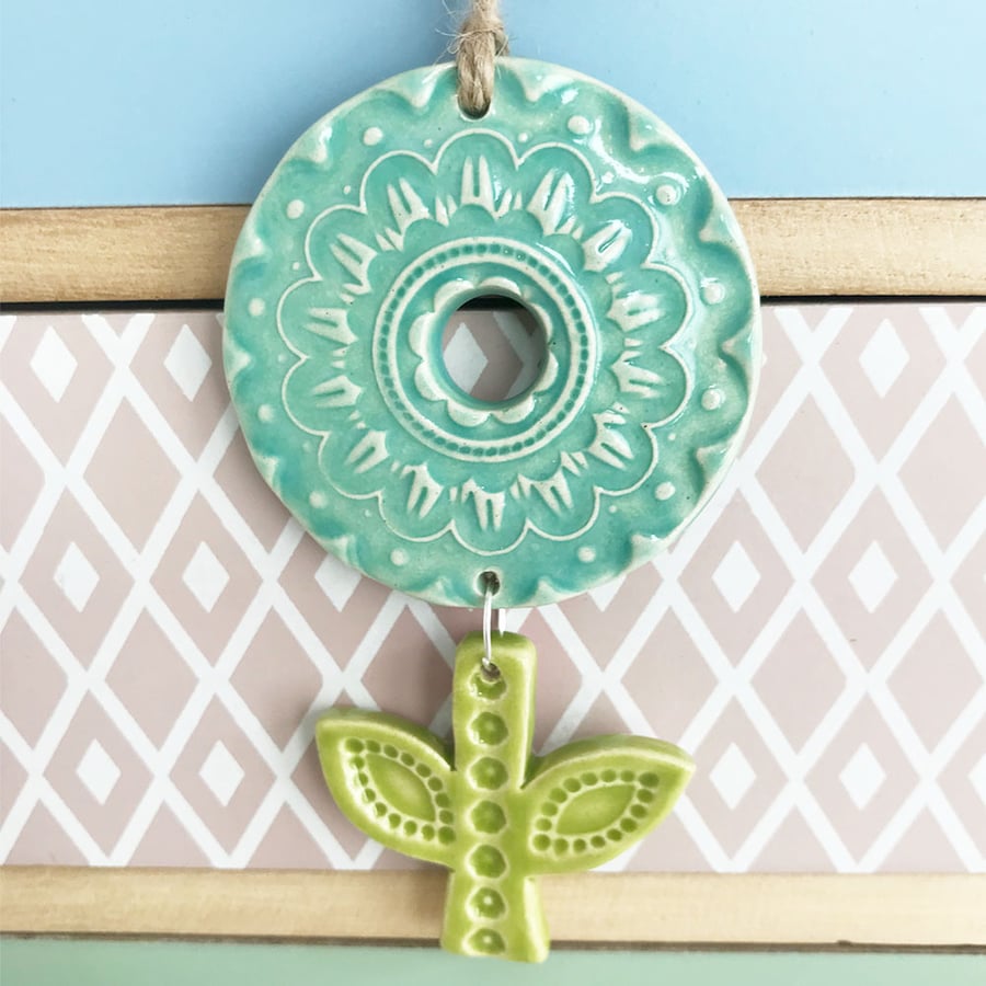 Retro style pottery hanging flower decoration Turquoise