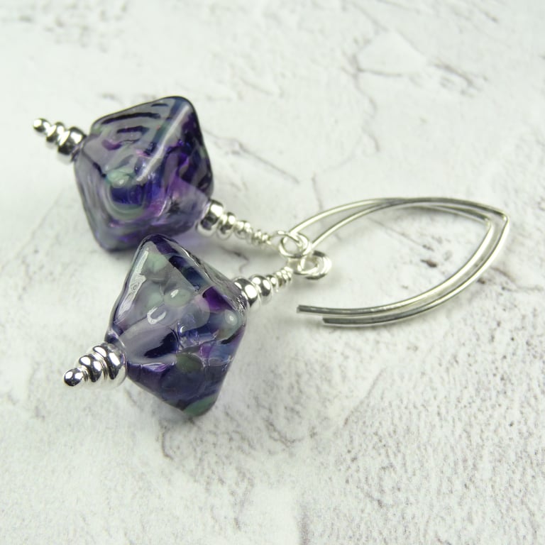Purple & green lampwork glass drop earrings, sterling silver, handcrafted (LH4)