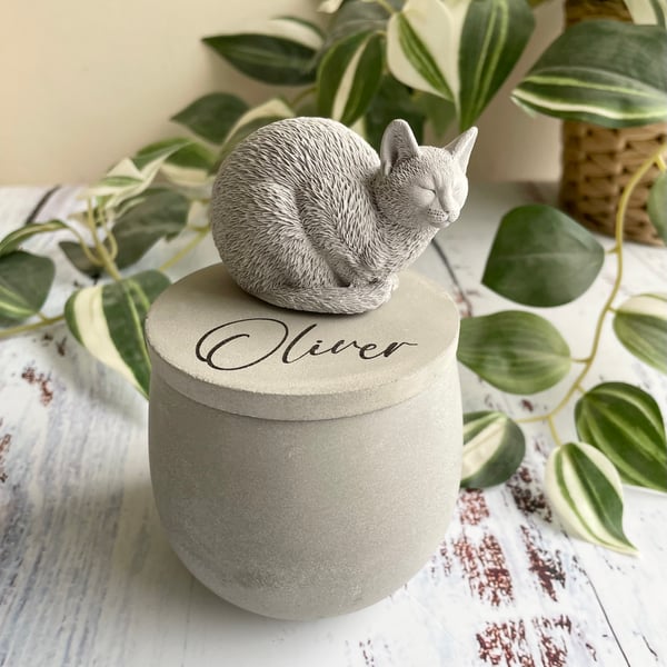 Small personalised concrete cat urn