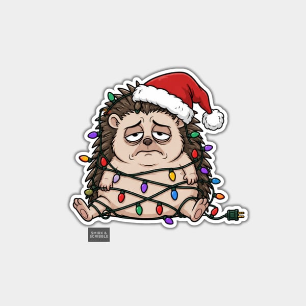 Unique Funny Christmas Sticker Xmas Decal - Cheeky Cute Sad Hedgehog