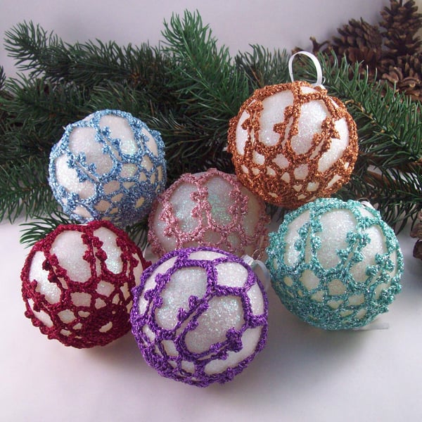 Christmas baubles boxed set of 6 decorated with crochet lace
