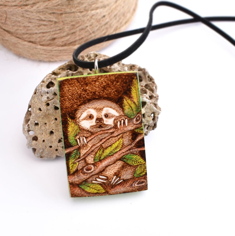 Cute sloth in the trees, chunky wooden pyrography pendant, Wildlife lover gift