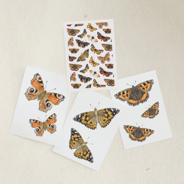 Mini butterfly greetings cards - pack of 4 blank note cards, A7 (10.5x7.4 cm) 