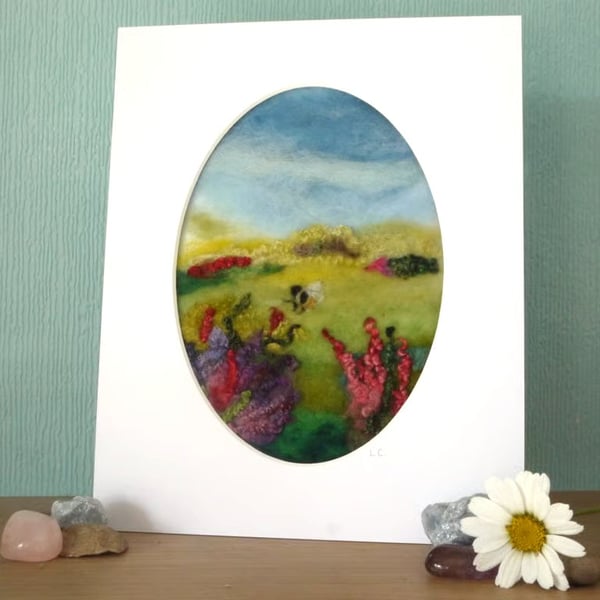 Handmade needle felted Flower Garden with Bee Mounted Art