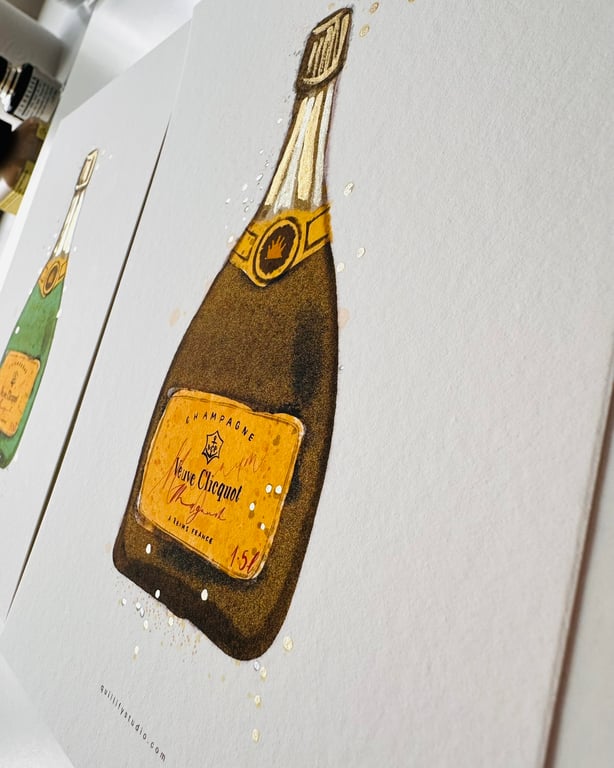 Hand Finished Watercolour Art Print - Veuve Champagne Gold