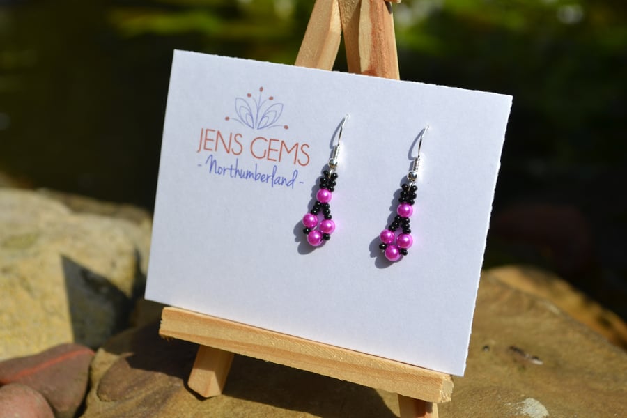 Black and Vibrant Pink Beadwork Earrings