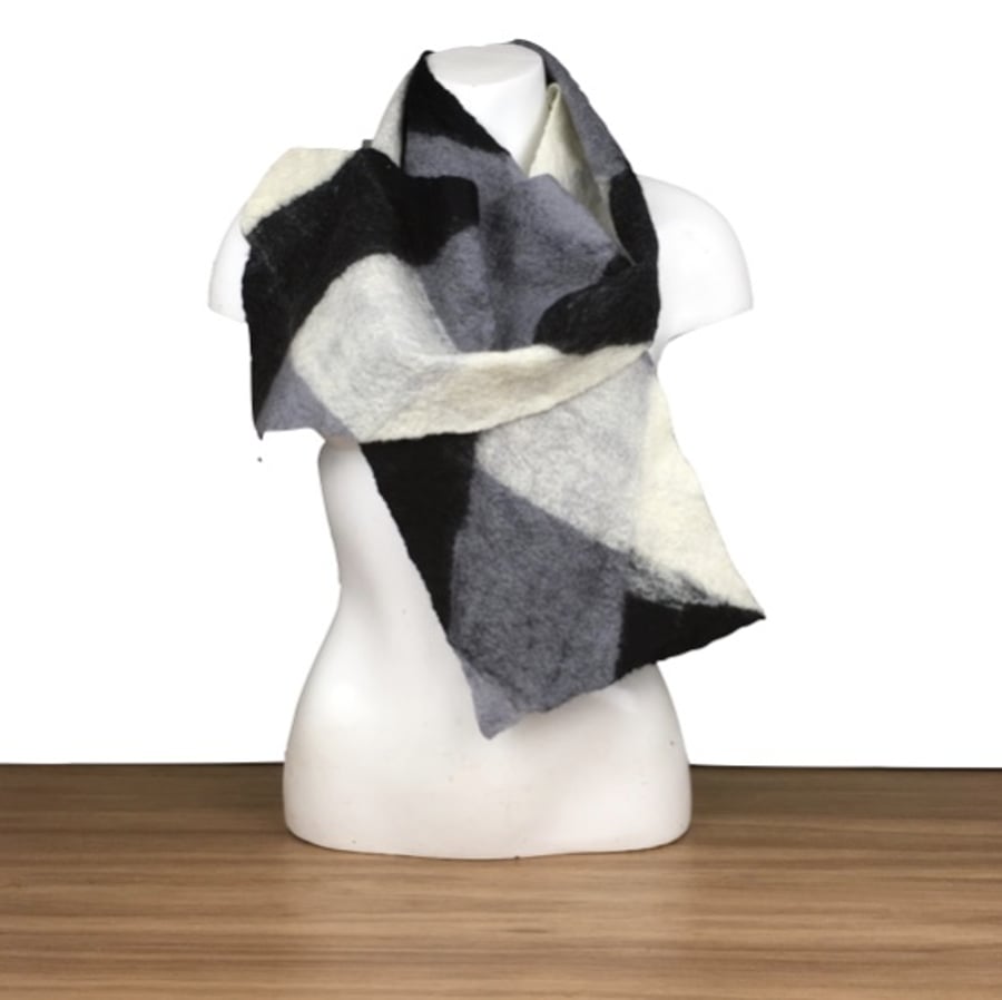 Monochrome braided felt scarf, 100% wool, black, white and grey, unisex - SALE 