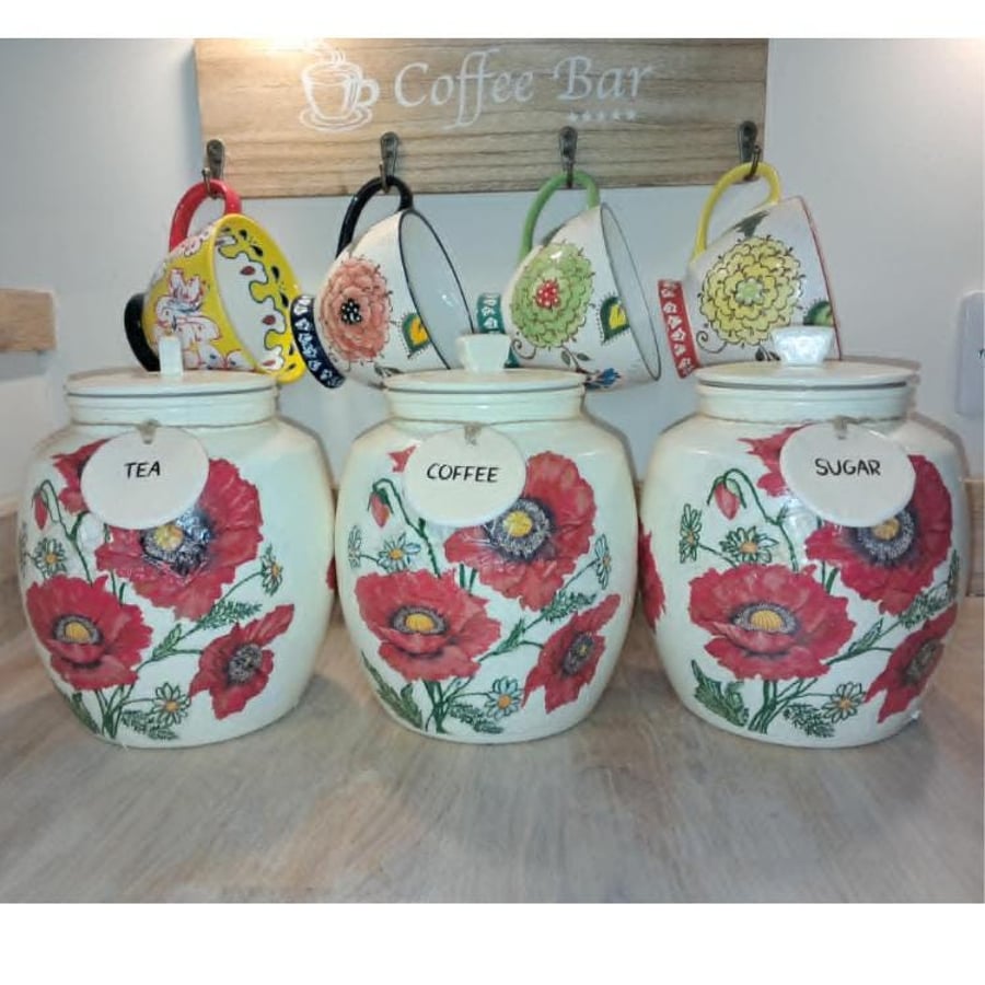 Set of Handpainted Poppy Theme Tea, Coffee and Sugar Storage Jars