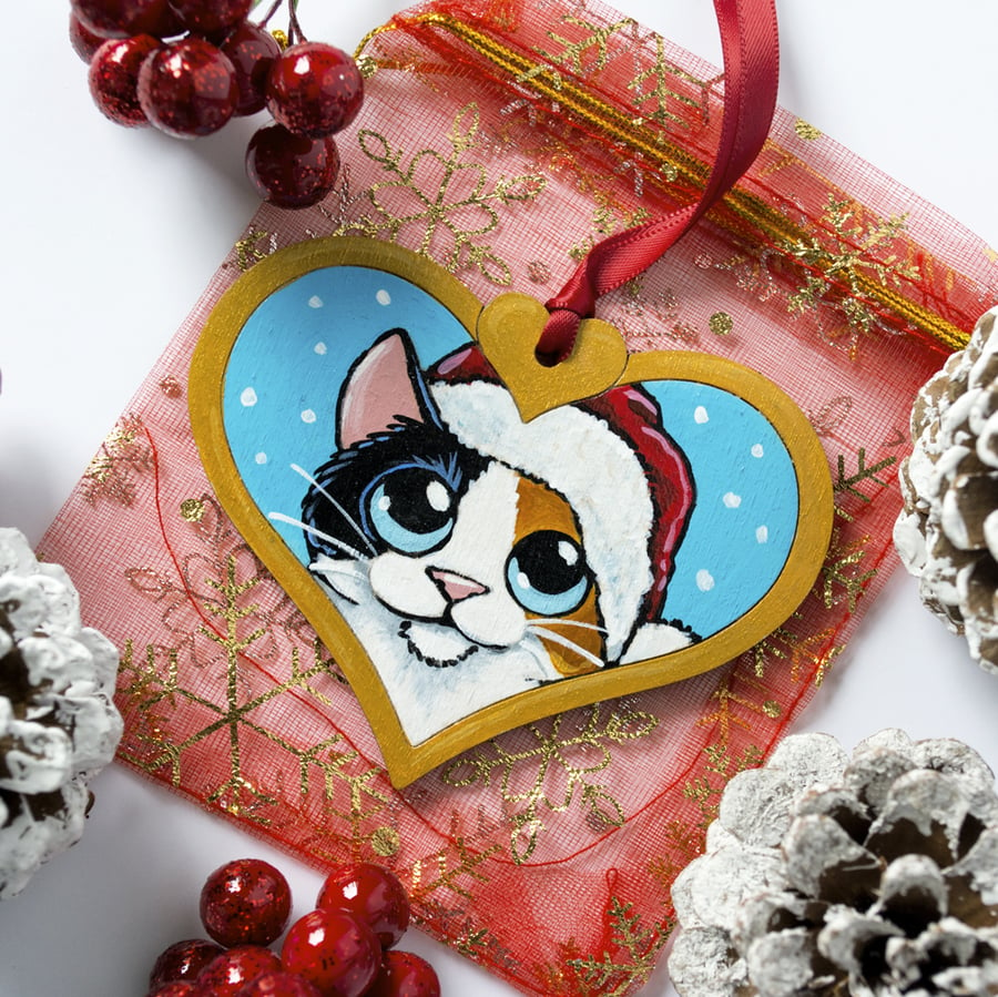Hand Painted Calico Cat Christmas Tree Decoration
