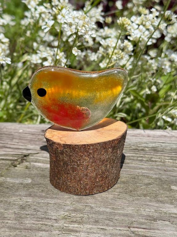Fused Glass Robin on Wooden Log Handmade Glass Bird Sculpture Unique Nature-Insp
