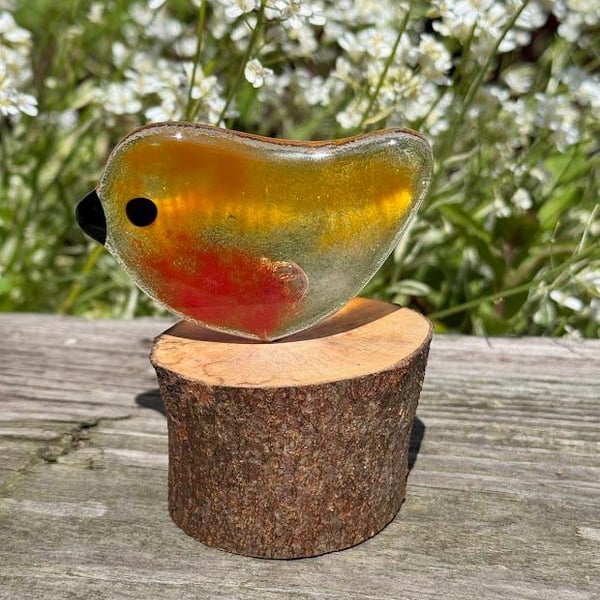 Fused Glass Robin on Wooden Log Handmade Glass Bird Sculpture Unique Nature-Insp