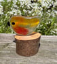 Fused Glass Robin on Wooden Log Handmade Glass Bird Sculpture Unique Nature-Insp