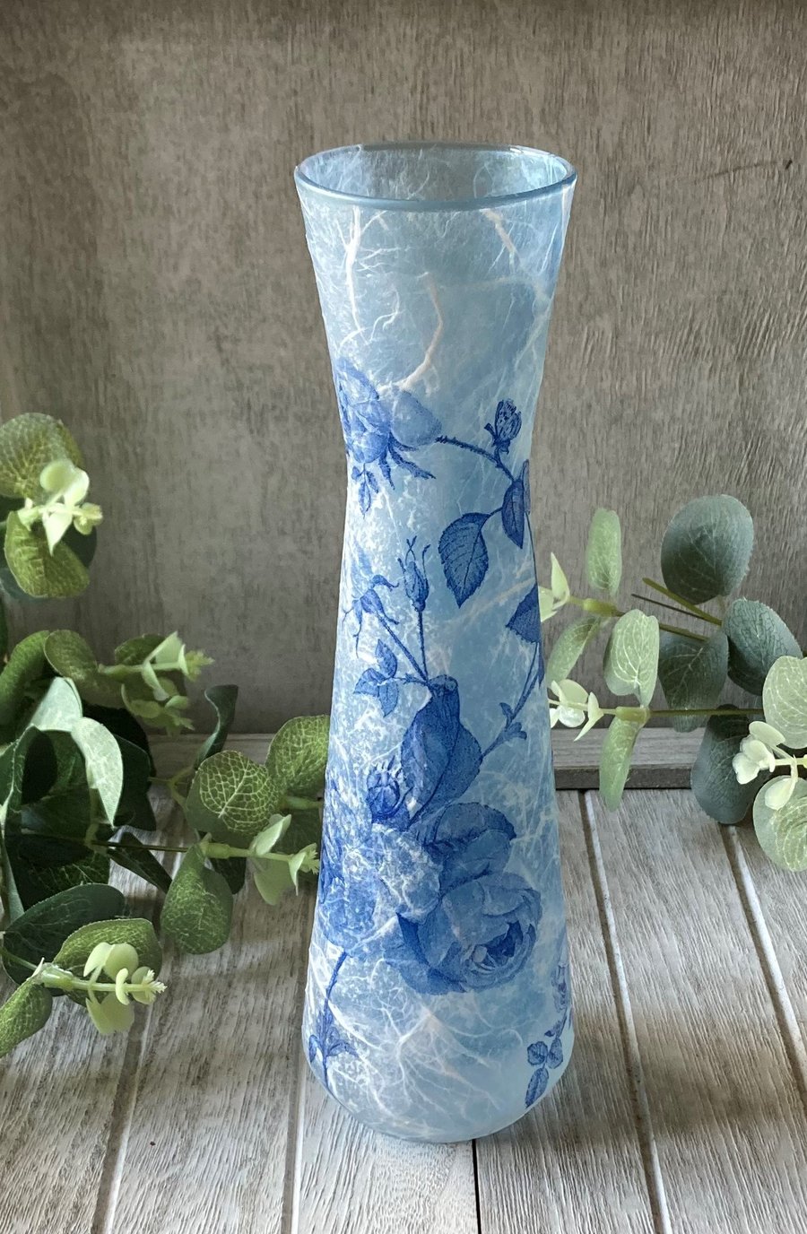 Decoupage Upcycled Blue Glass Vase Blue Roses 