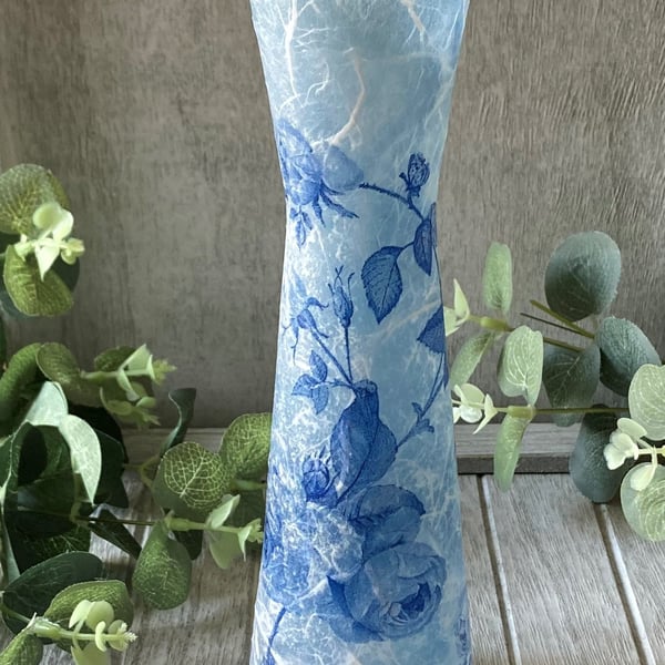 Decoupage Upcycled Blue Glass Vase Blue Roses 