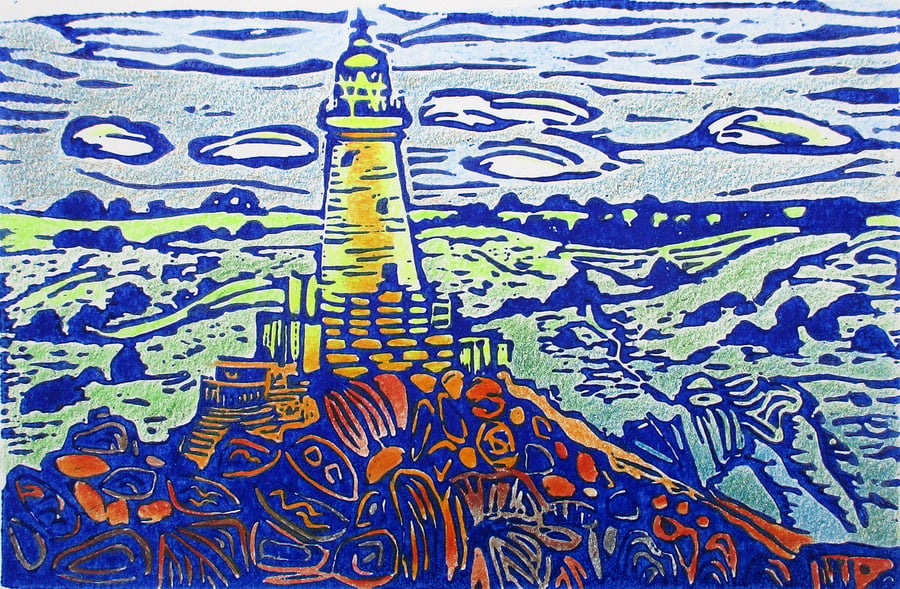 La Corbiere Lighthouse, Jersey - Original Hand Pressed Linocut & Coloured Pencil