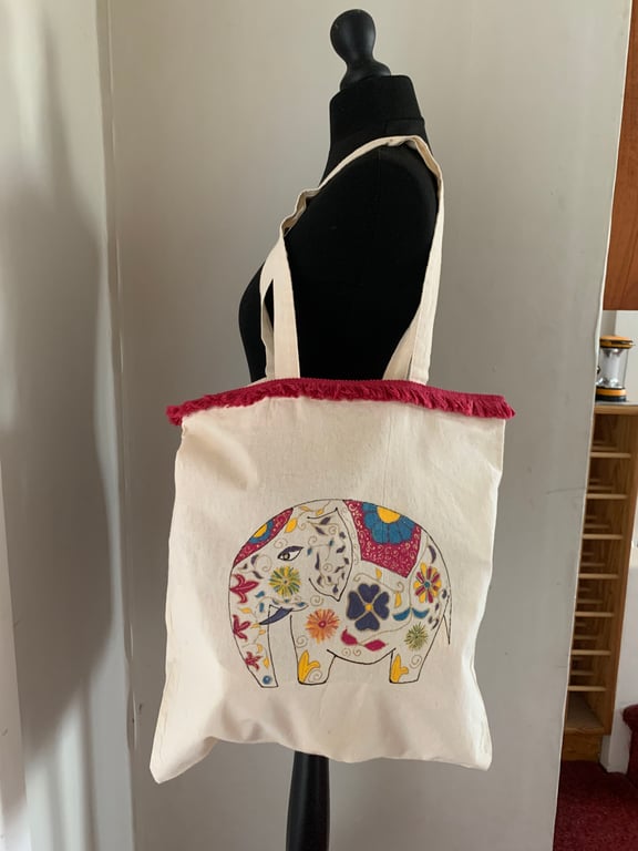 Hand painted tote with colourful floral elephant design 