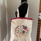 Hand painted tote with colourful floral elephant design 