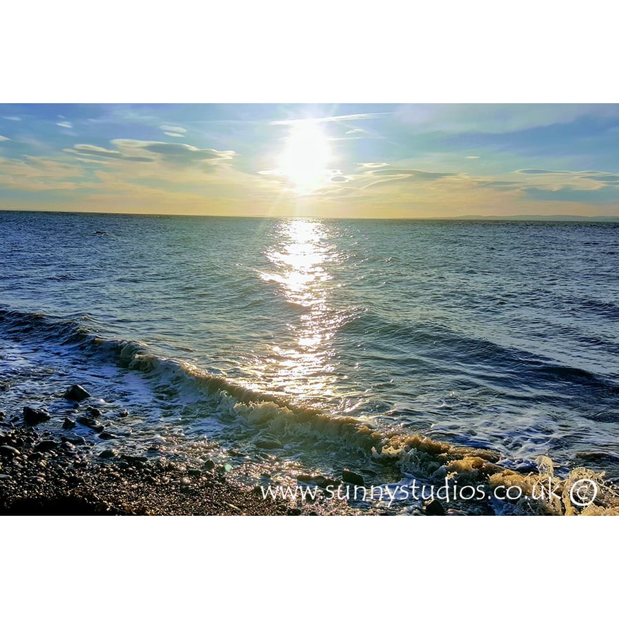 'Sunny Sea' Greeting Card - Black Nore Beach, Portishead - Sunset - Free P&P