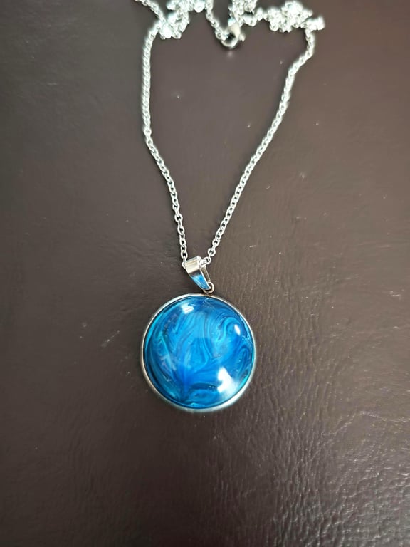 Blue Swirl Resin Necklace: Handmade Stainless Steel Pendant