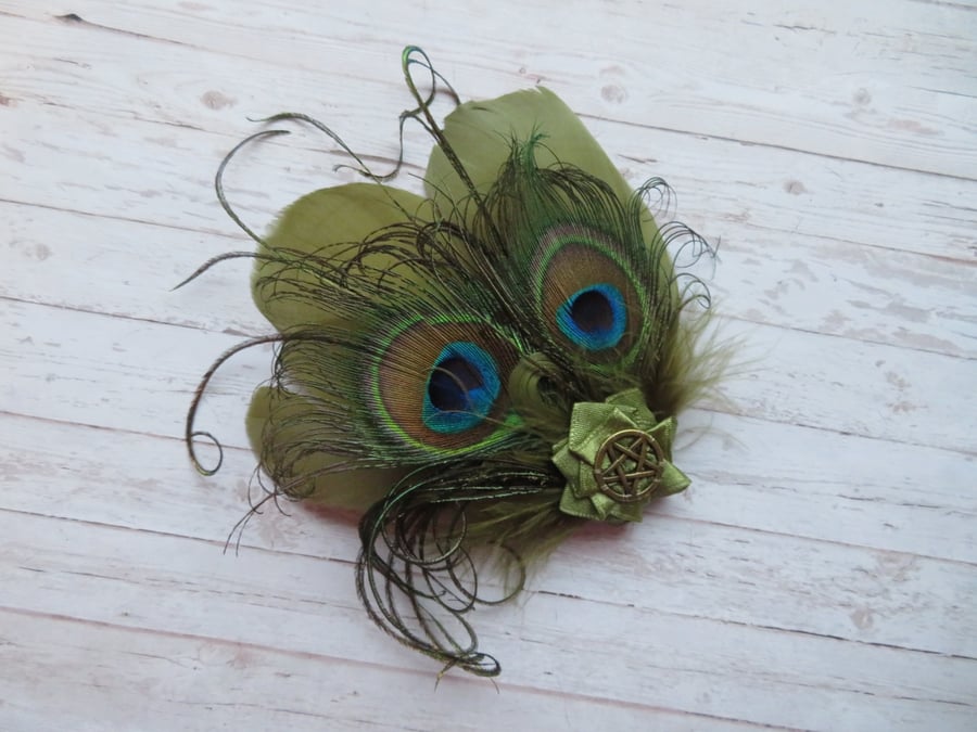 Olive Green Small Peacock Feather Vintage Goth Pentagram Witch Hair or Hat Clip