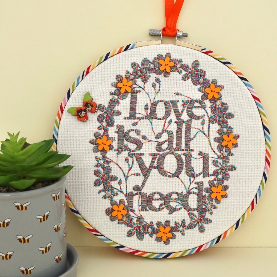 Embroidered Hoop Decoration: Orange Love Is All design 8” (20cm)