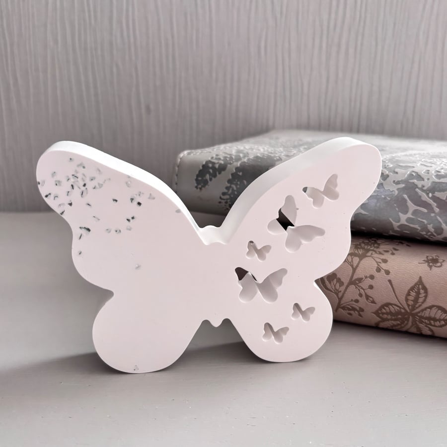 Freestanding White Butterfly Ornament with Embedded Turquoise Glass Chips 