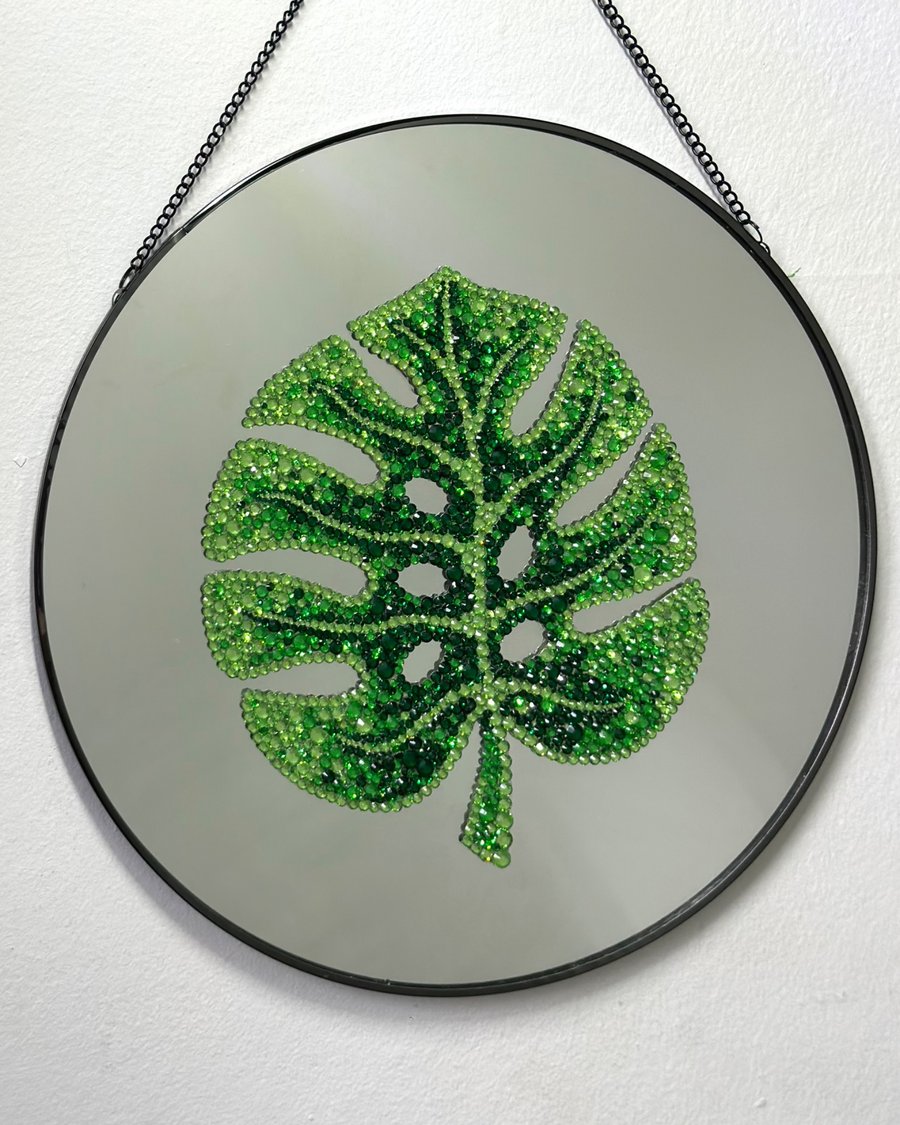 Rhinestone Monstera Mirror Handmade Crystal Leaf Wall Art 30cm 