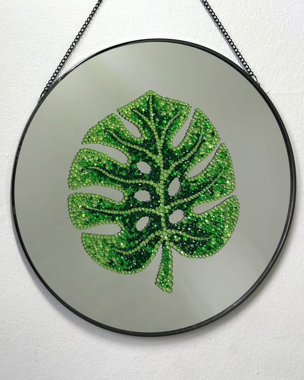 Rhinestone Monstera Mirror Handmade Crystal Leaf Wall Art 30cm 