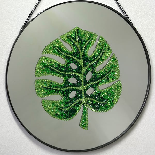 Rhinestone Monstera Mirror Handmade Crystal Leaf Wall Art 30cm 
