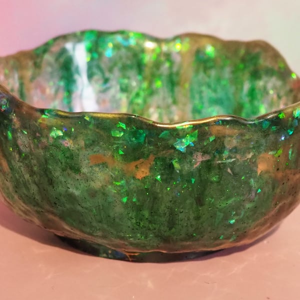 Irregular Resin Bowl in Greens and Coppers