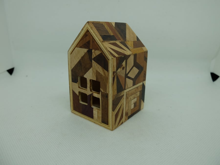 Small house trinket box in crazy patchwork veneers