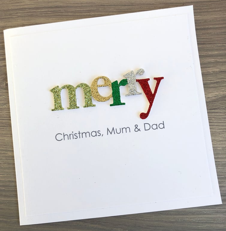 Handmade, personalised Christmas card - glitter, Merry Christmas