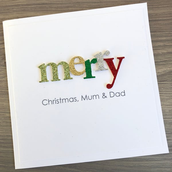 Handmade, personalised Christmas card - glitter, Merry Christmas