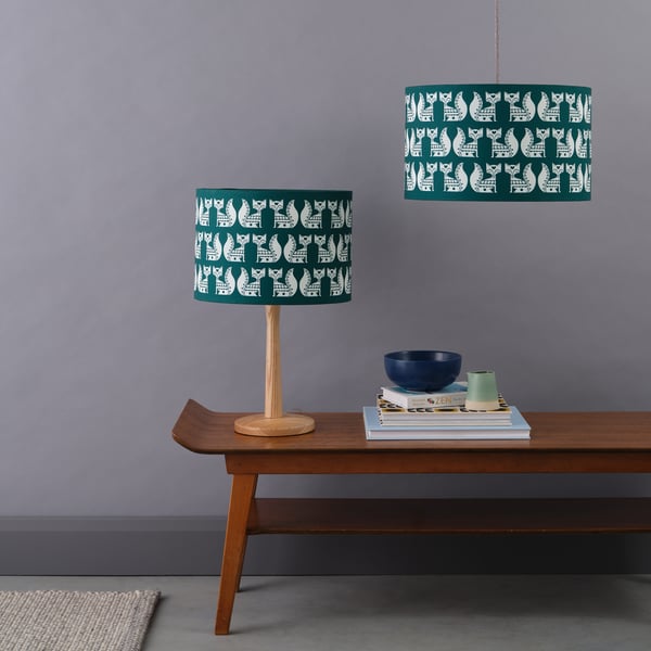 Handmade Teal Blue Fox Print Lampshade 30cm & 40cm - British Made