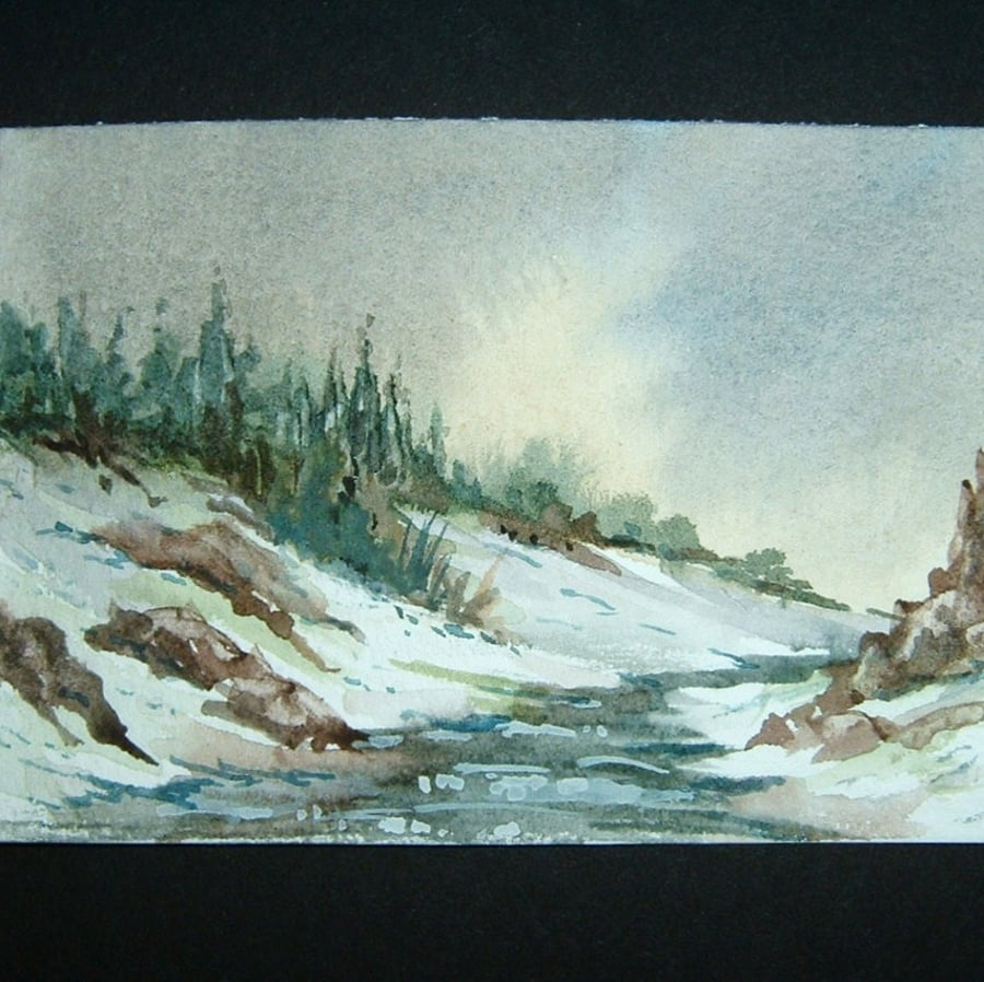 original art painting winter snow landscape river ref 167