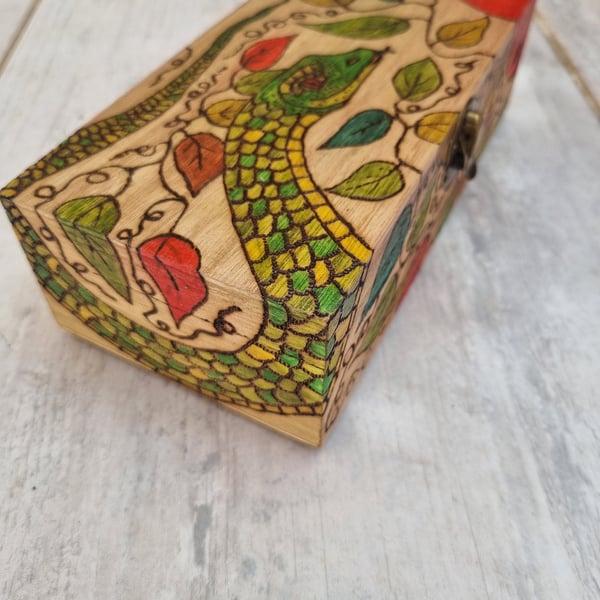 Personalised Wood trinket box. Snake serpent original pyrograpy artwork yin yang